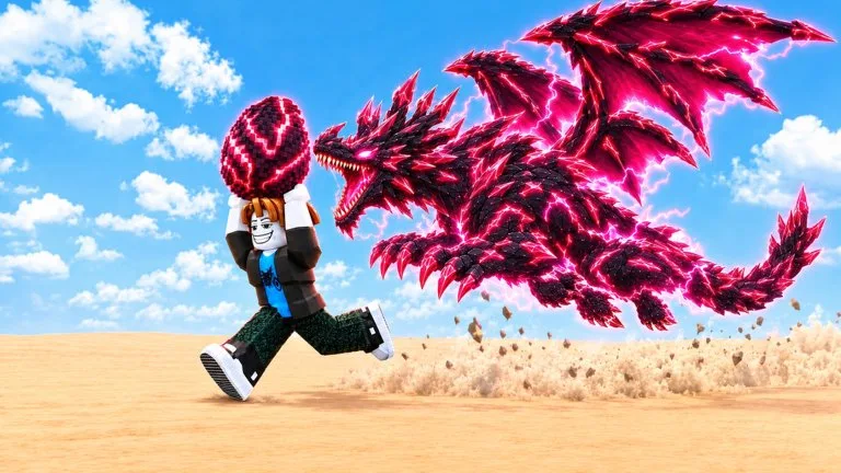A Roblox avatar runs across sand carrying a red egg covered in glowing marks while a large red-and-black dragon chases behind.